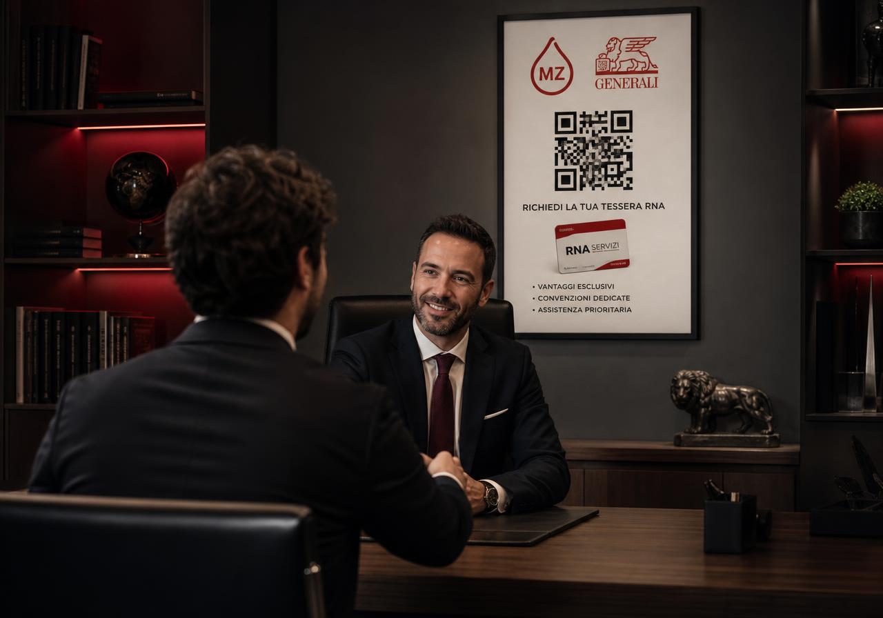 Professionista partner con un cliente in ufficio; alle spalle la locandina con logo MZ, logo Generali e QR code per richiedere la tessera RNA